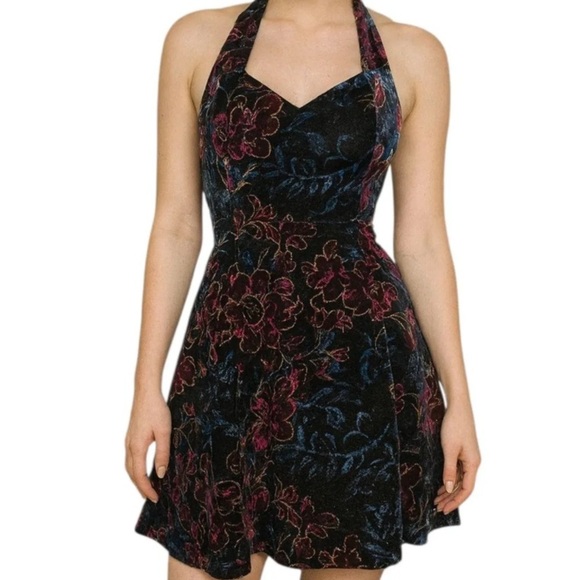 Rampage Floral Halter Mini Dress in Black and Pink Y2K size 7 - Picture 1 of 14